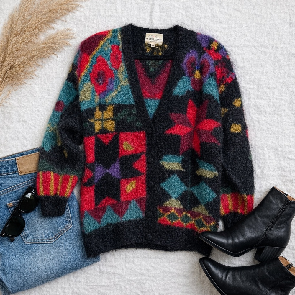 Vintage Mohair Cardigan Susan Bristol Geometric Sweater Cozy Knit Size Medium